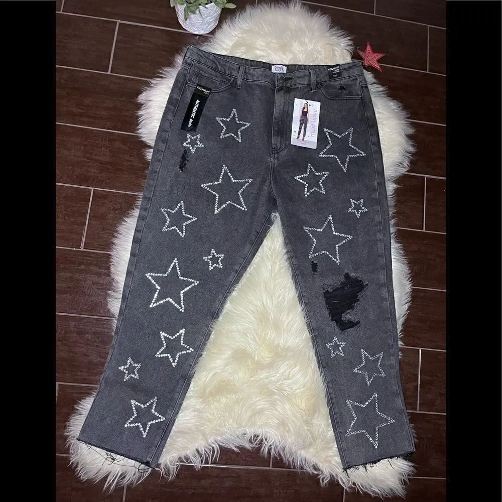 Simple Society super high rise rhinestone/ distressed faded black denim sz 17/33